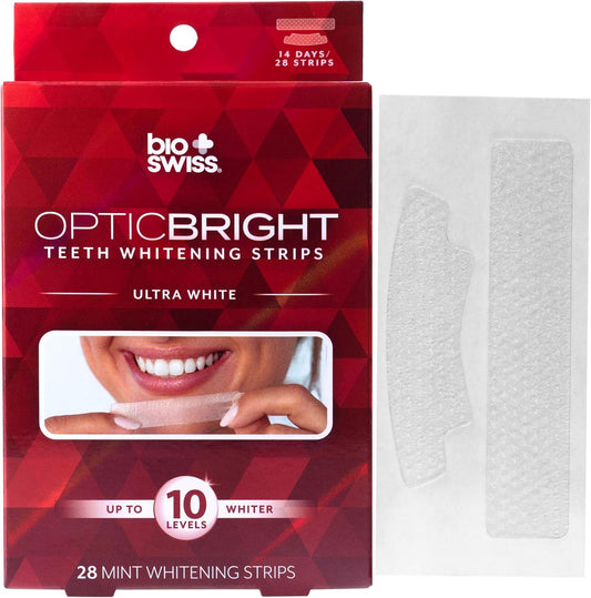 Teeth Whitening Strips, Optic Bright Ultra White Mint Tooth Whitener Strip Set, Pack of 28, Red Box