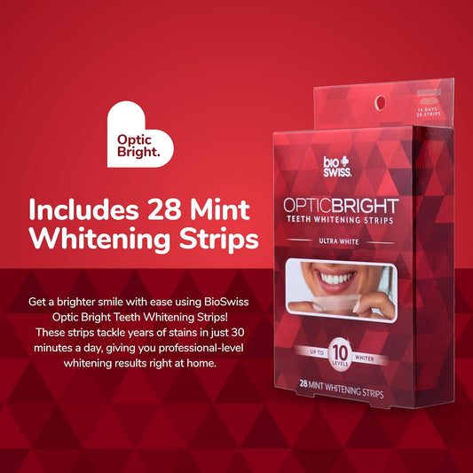 Teeth Whitening Strips, Optic Bright Ultra White Mint Tooth Whitener Strip Set, Pack of 28, Red Box