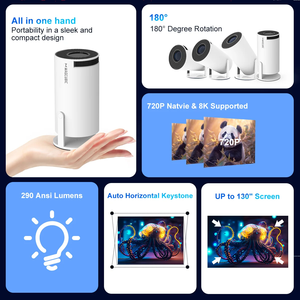 Magcubic Android 14 Wifi6 260ANSI Projector AllwinnerH726 1280*720P 8K180° flexible BT5.4 Home Cinema Outdoor portable Projetor
